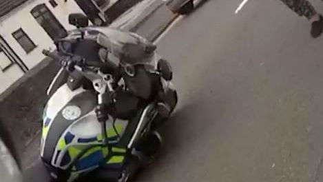 Teen Rams police motorcycle in stolen car